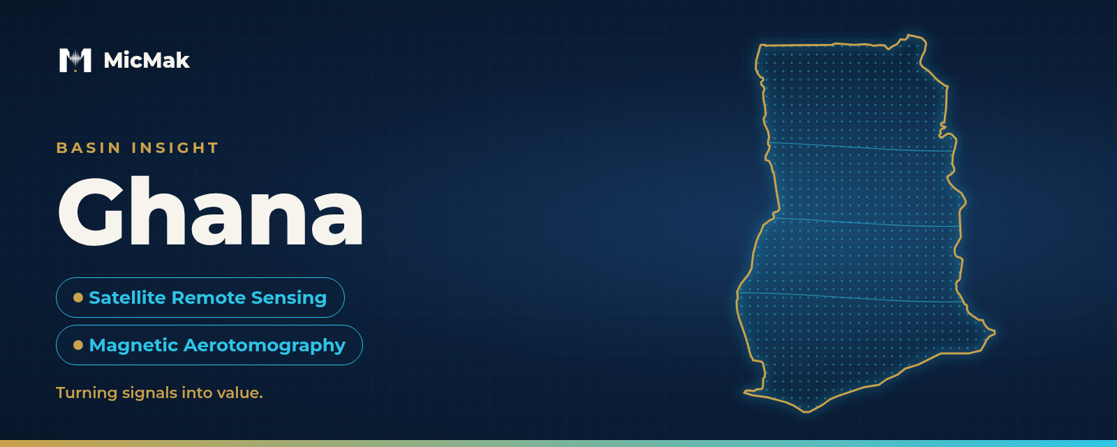 Outline map of Ghana with the MicMak logo. Basin Insight: Ghana, Satellite Remote Sensing and Magnetic Aerotomography.