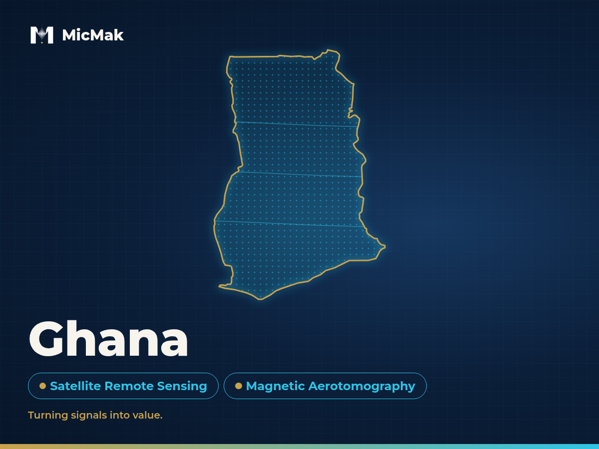 Outline map of Ghana with the MicMak logo. Basin Insight: Ghana, Satellite Remote Sensing and Magnetic Aerotomography.